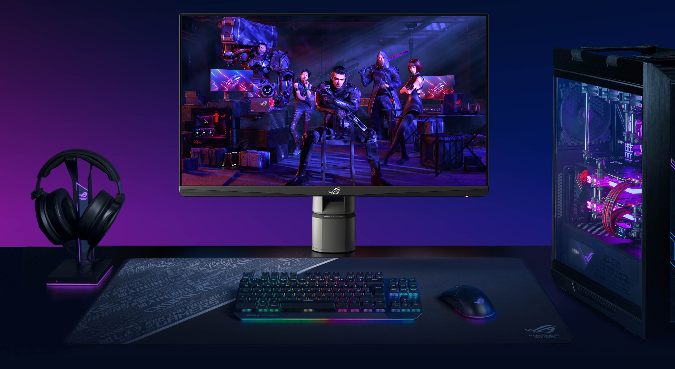 A ROG monitor on a ROG Desk Mount Kit ACL01, and other ROG products