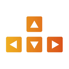 Set of orange keyboard arrow keys with geometric shapes for up, down, left, and right directions on a dark background