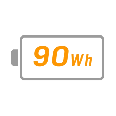 Black battery icon displaying '90 Wh' to indicate battery capacity, on a dark background