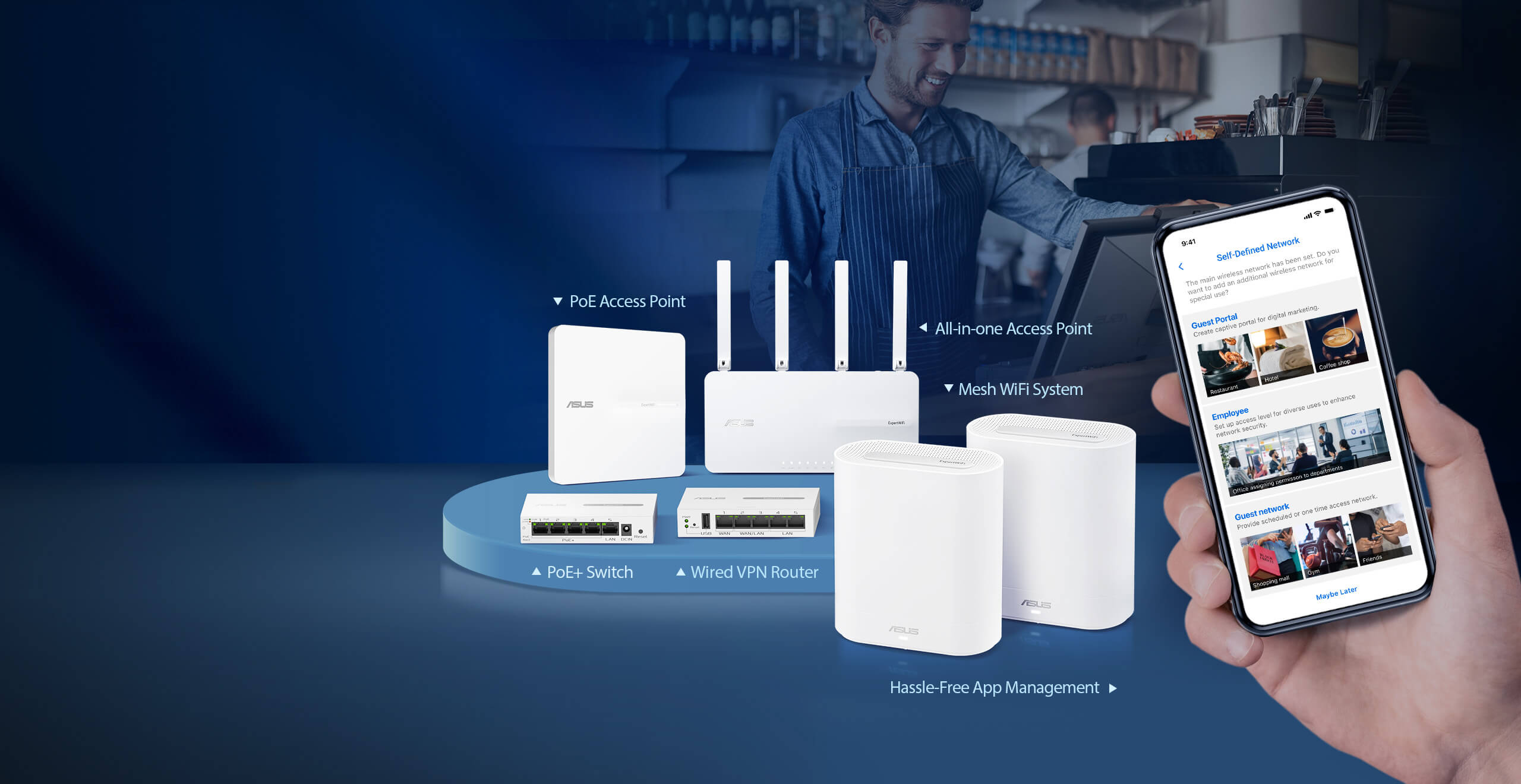 The ExpertWiFi product lineup in a café setting, with a hand holding a phone showing the ExpertWiFi SDN feature UI. From left to right in the back: EBA63 PoE AP, EBR63 all-in-one AP. Front: EBP15 PoE+ switch, EBG15 wired VPN router, and two packs of EBM68 mesh system.