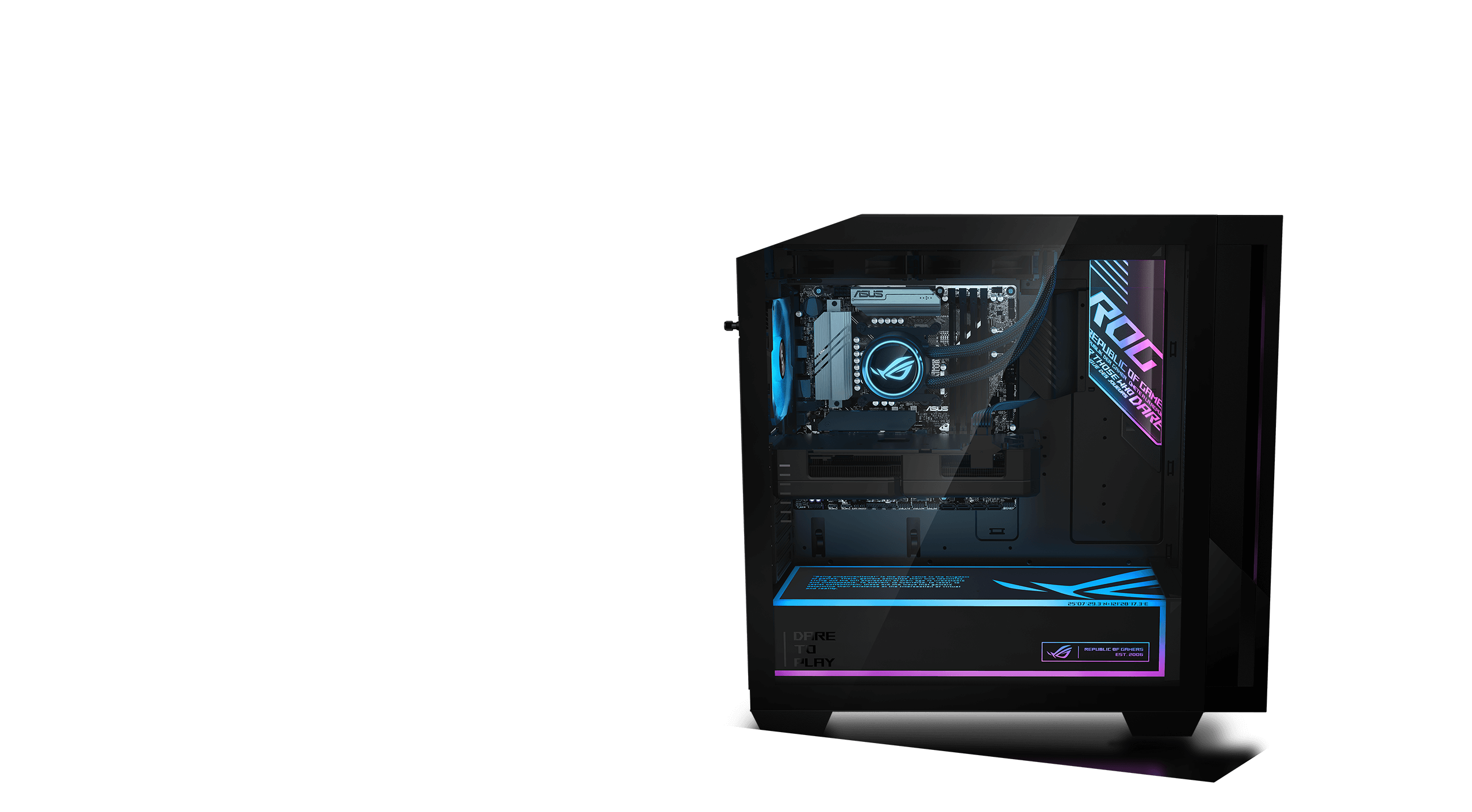 A side view of the G700 desktop, showing its glass side panel and RGB-illuminated, ROG-branded interior.