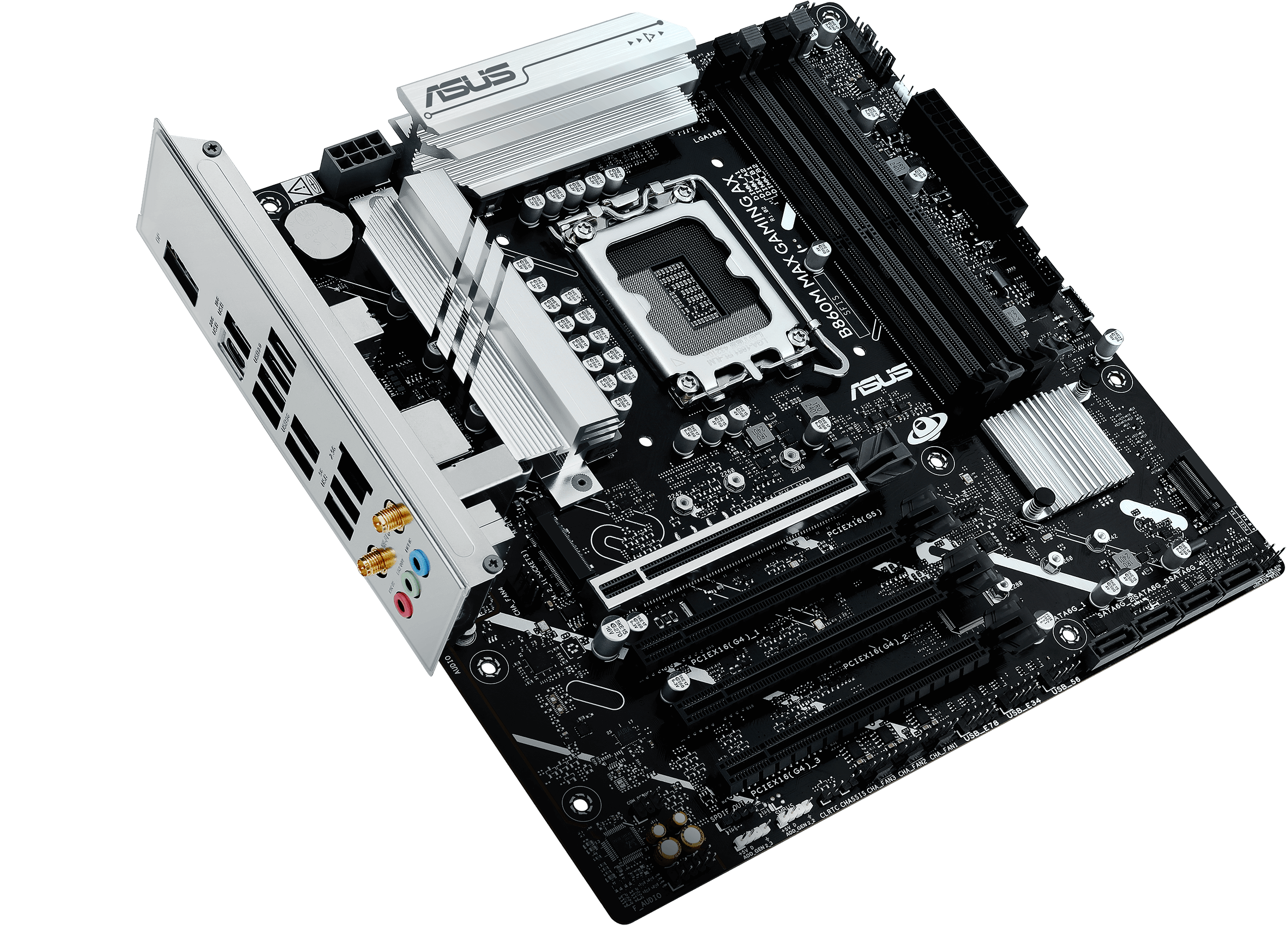 An ASUS motherboard atop a dark grey background.