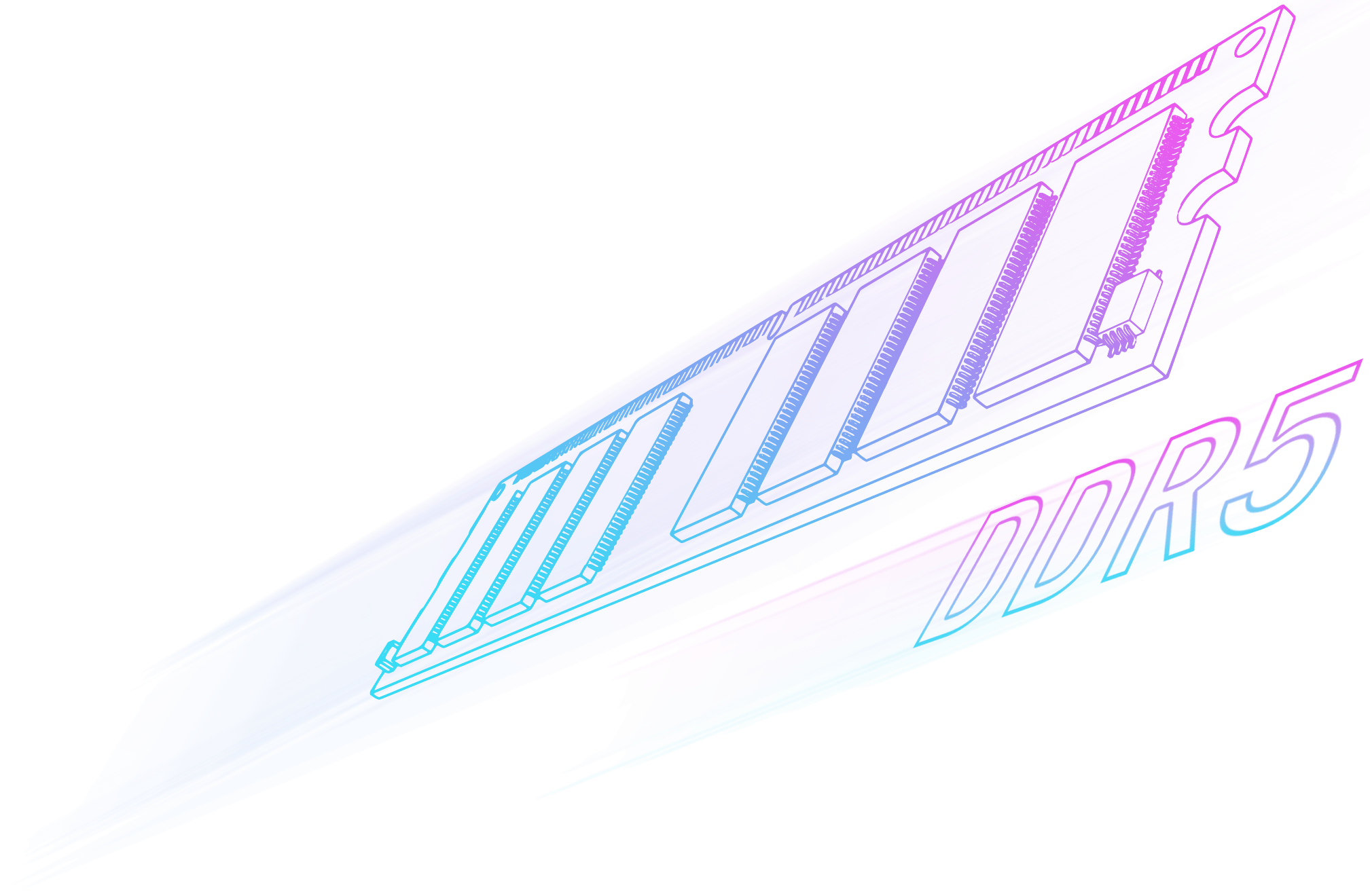 A stylized wireframe depiction of a neon blue and purple DDR5 RAM stick moving toward the viewer.