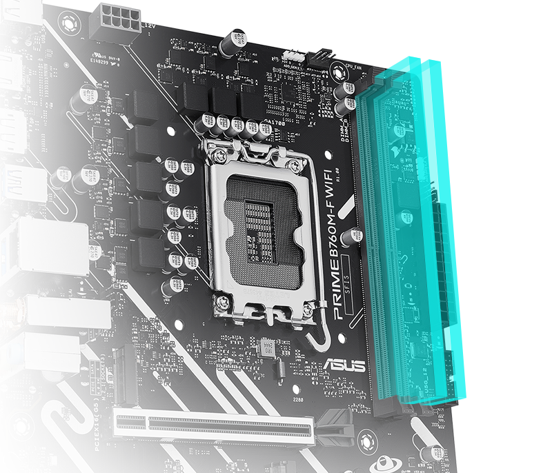 The PRIME B760M-F WIFI comes along with ASUS Enhanced Memory Profile II (AEMP II) to train your memory kit and optimize clock speed to unleash DDR5 performance. Bar chart intro AEMP II profiles that offer up to 37.5% faster RAM speeds than baseline DDR5 specs.