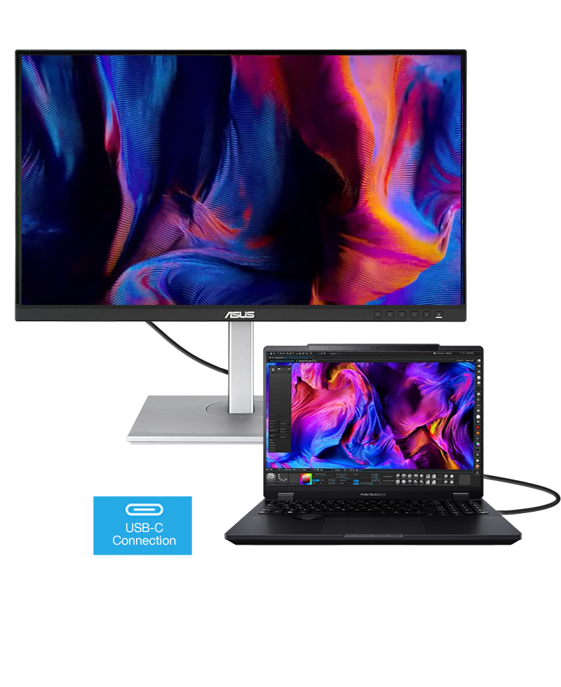 Verbinden Sie das ProArt Display PA278CGV über den USB-C-Anschluss mit einem Laptop, und es unterstützt 65 W Power Delivery.