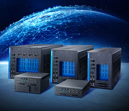 5 high-end ASUS IoT Edge AI systems in two lines in front of high-tech earth to show advance IoT applications.