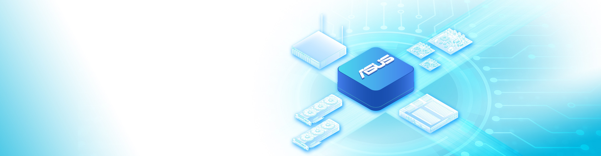 ASUS logo in the center, surrounding by motherboard, graphics cards, server and indusrial computers sketch, unveils design synergy for RUC-1000 series