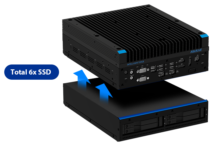 ASUS IoT RUC-1000D main system and SSD tray are separated up and down, connected by two arrows.