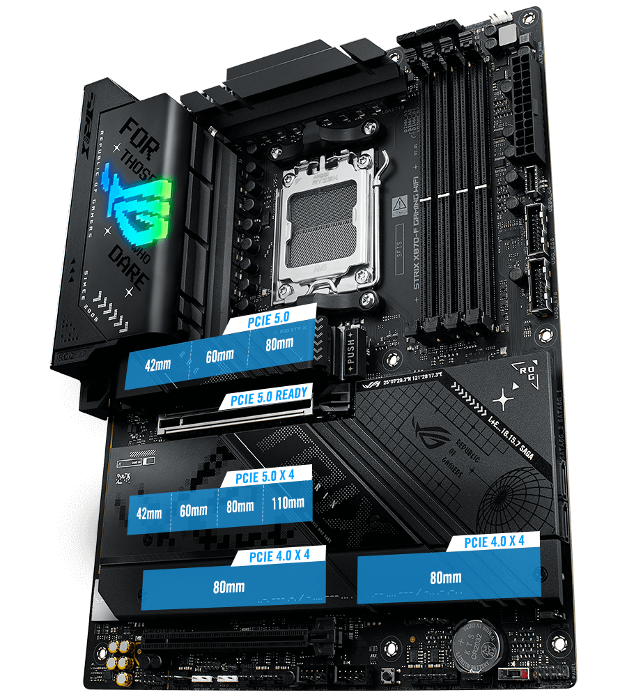 The Strix X870-F PCIe 5.0 M.2 and expansion slot layout