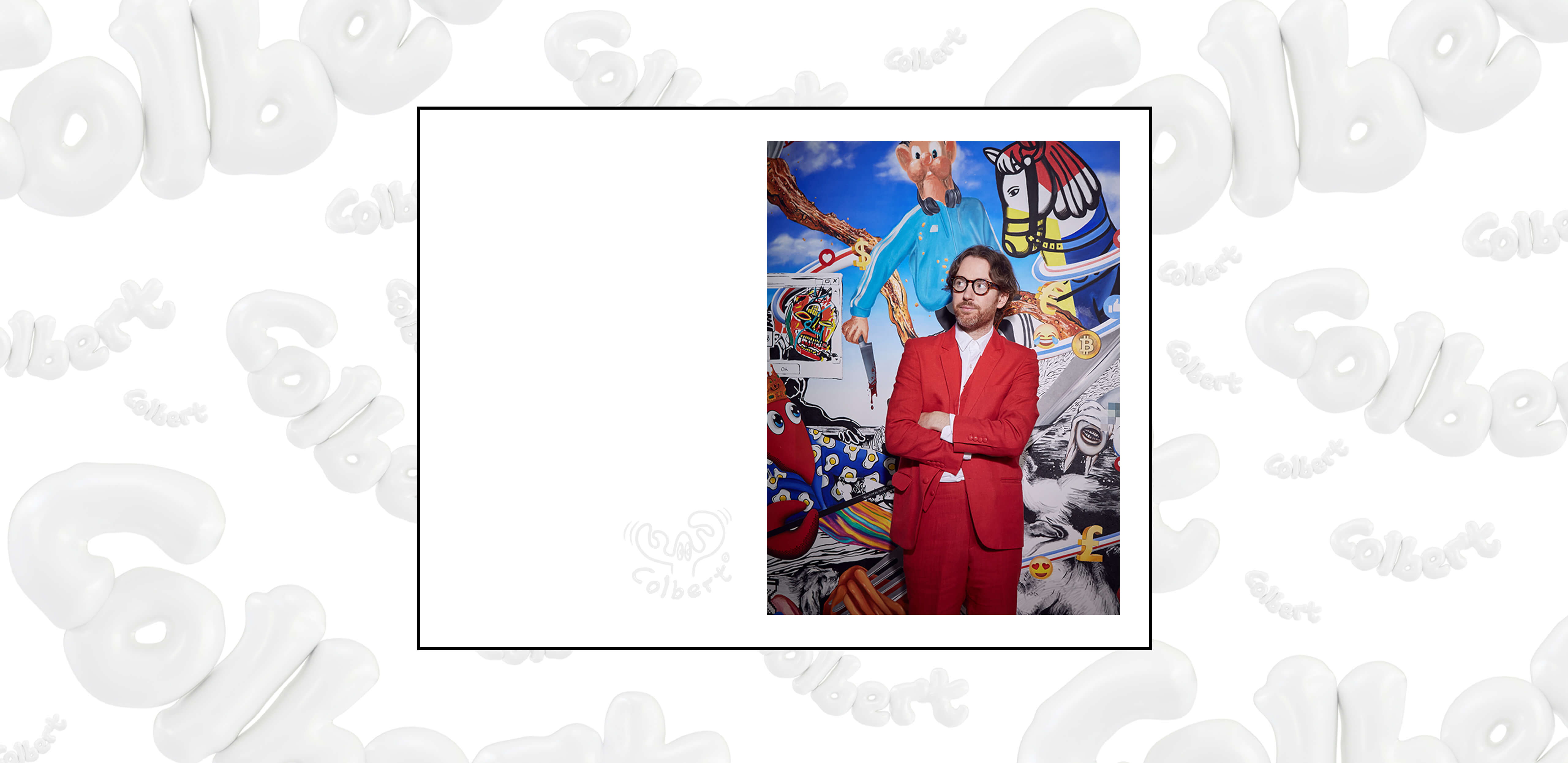 Philip Colbert in a red suit, standing in front of one of his artworks.