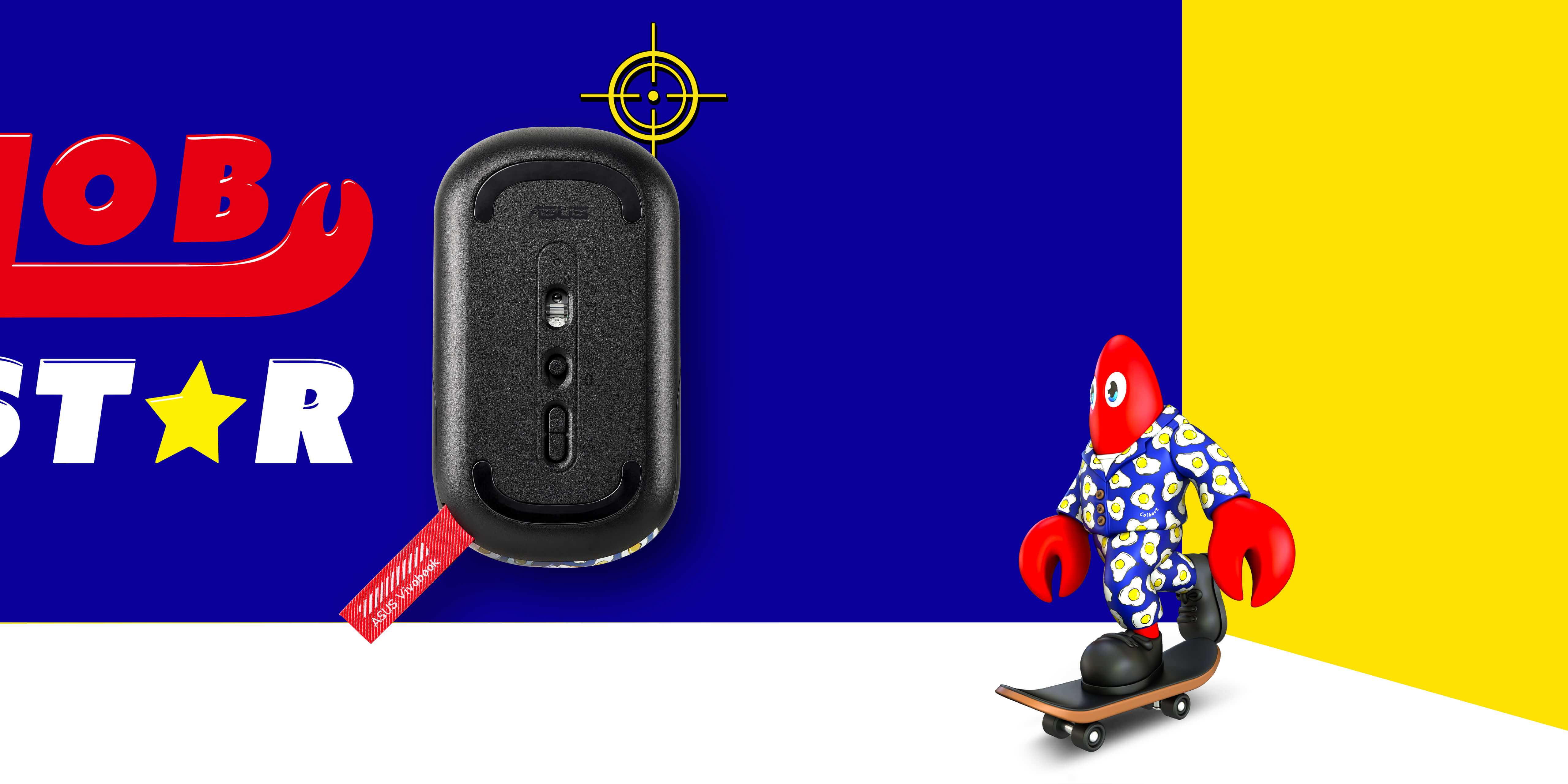 Een afbeelding van de onderkant van de MD100 Philip Colbert Edition om de muisvoetjes, optische sensor en DPI-knop te tonen. Een kreeftenfiguur op een skateboard staat in de achtergrond.