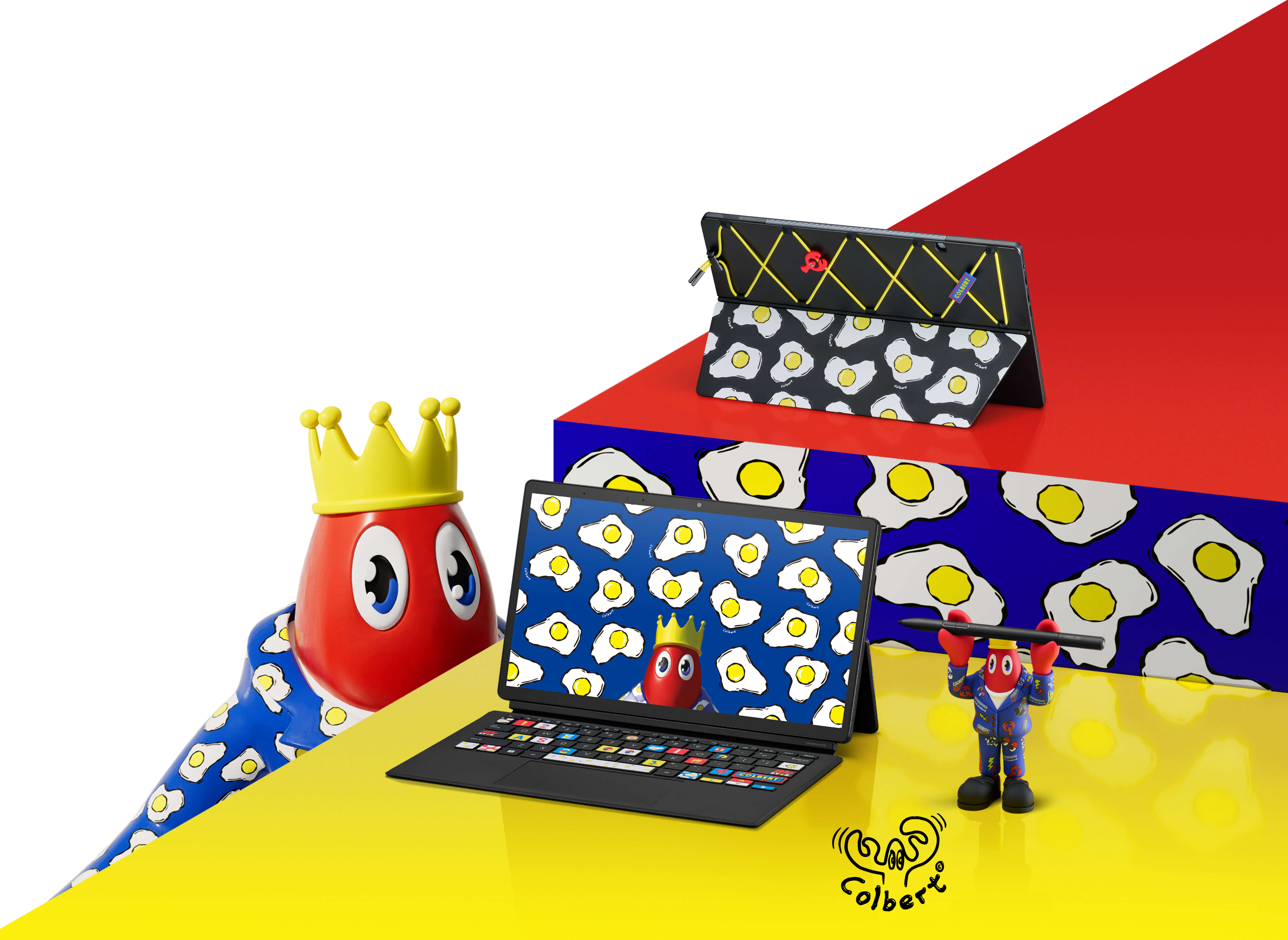 An image of Vivobook 13 Slate OLED Philip Colbert Edition package. A lobster figure wearing a crown can be seen in the background. 