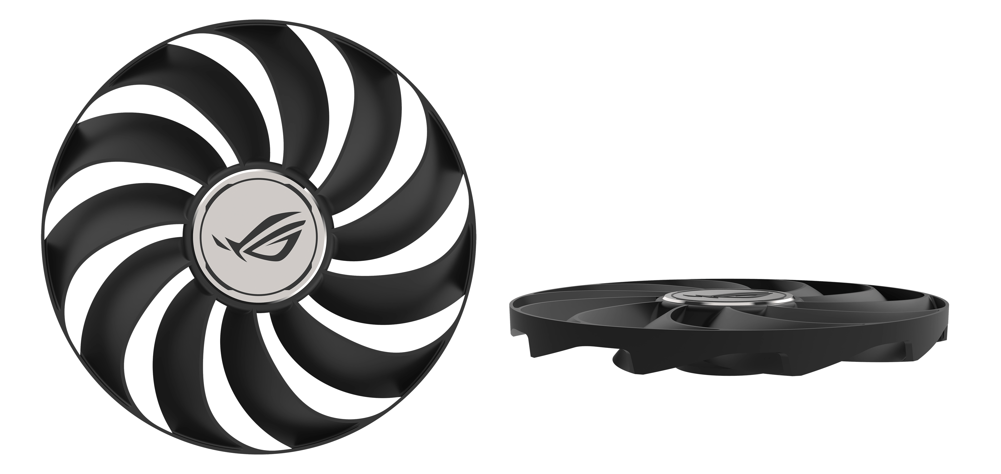 Different angles of the Axial-tech fan design, highlighting the half width barrier ring