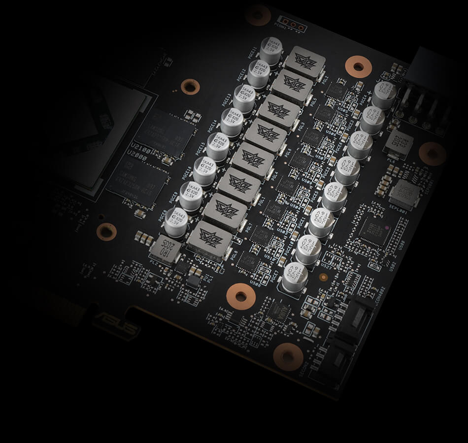 Circuit imprimé de la ROG Strix Radeon RX 6650 XT V2, mettant en évidence les composants VRM.