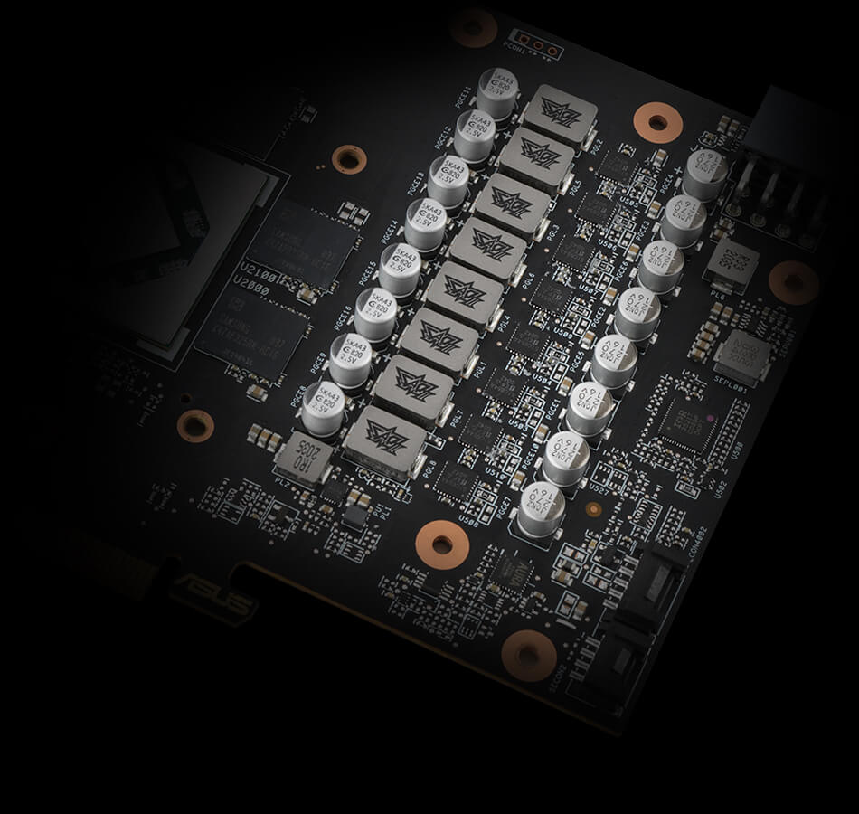 PCB of the ROG Strix Radeon RX 6650 XT V2, highlighting the VRM components