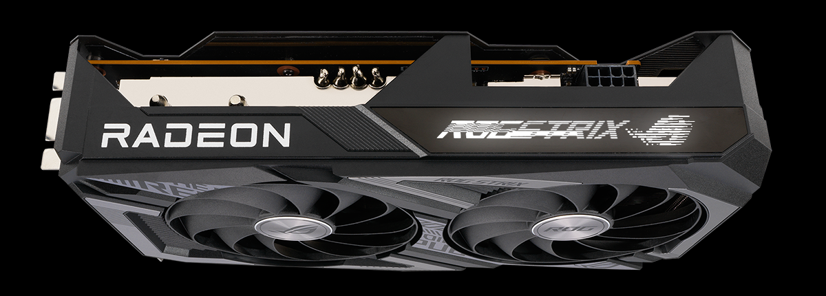 Top view of the ROG Strix Radeon RX 6650 XT V2 graphics card, highlighting the ARGB element