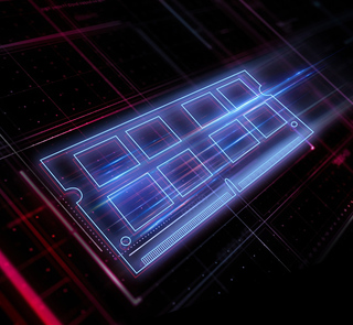 The image shows a minimalist line art render of a blue DDR4 RAM stick, with 8 memory chips visible on the PCB.