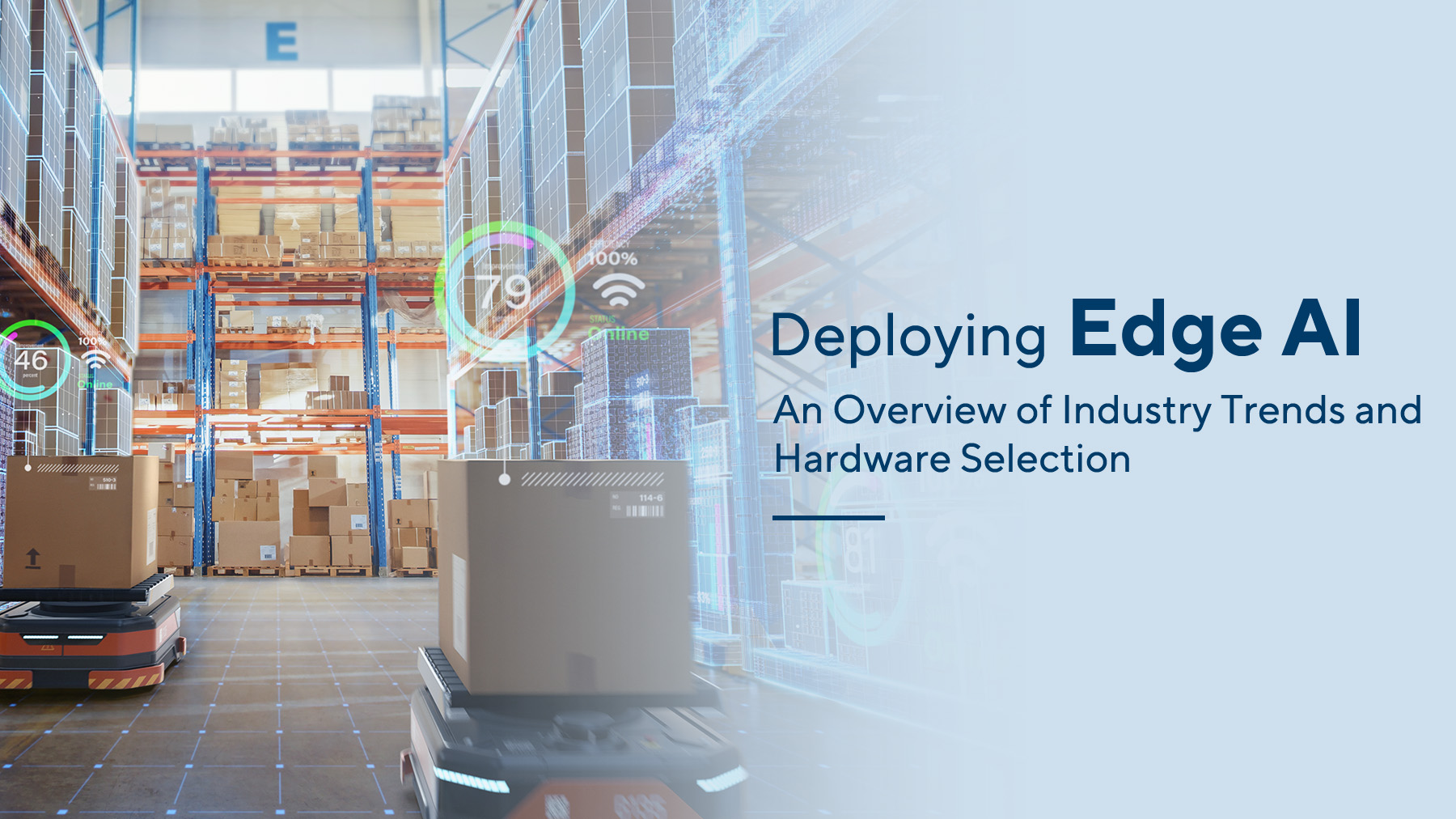 A warehouse with autonomous robots moving boxes, overlaid with digital data graphics; text reads 'Deploying Edge AI: An Overview of Industry Trends and Hardware Selection.'