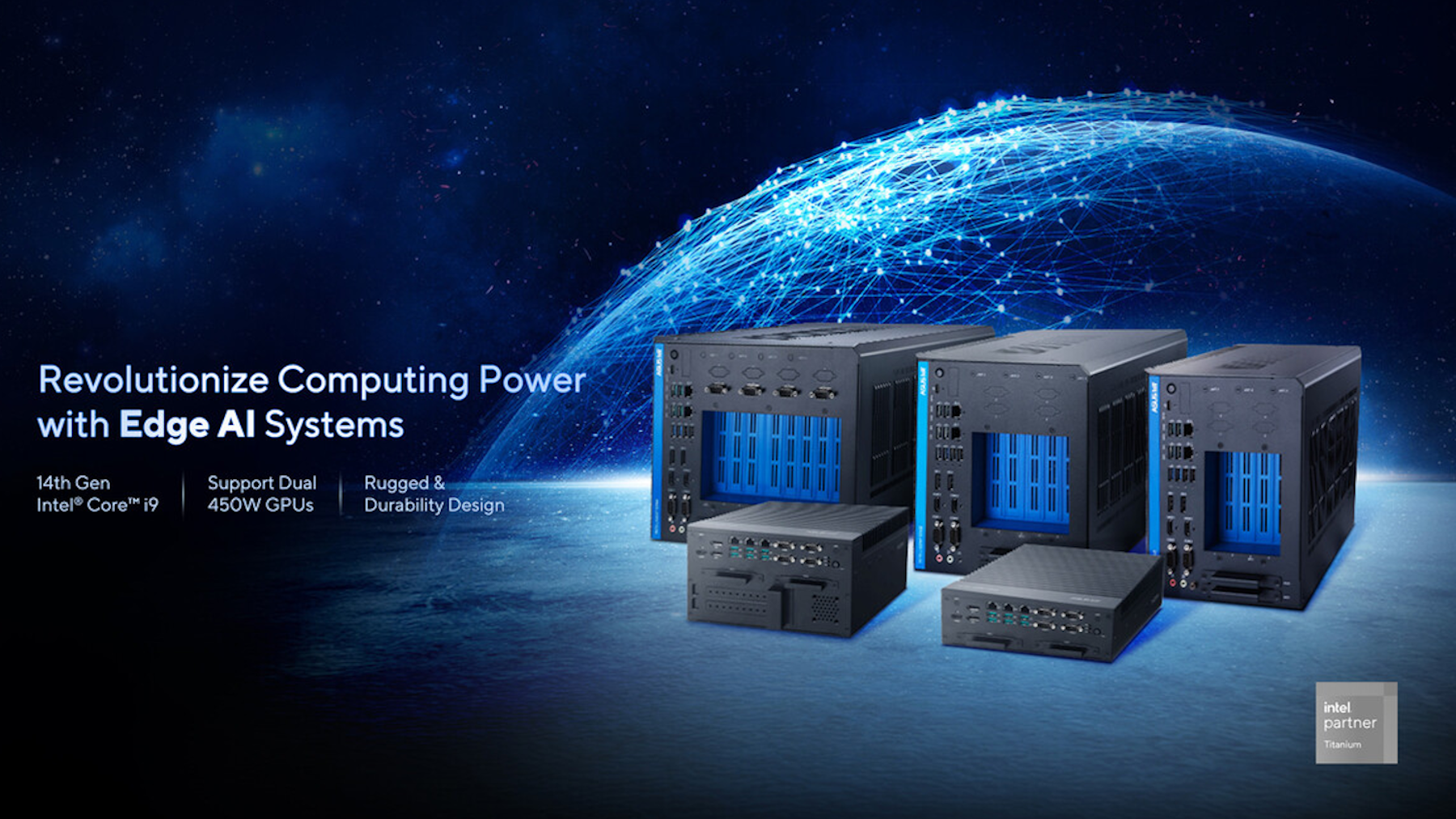 ASUS IoT Edge AI Systems featuring five computer systems against a dark blue tech-themed background, highlighting 14th Gen Intel Core i9, dual 450W GPU support, and rugged design, with an Intel Partner Titanium logo.