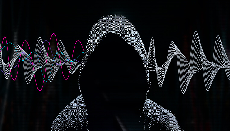 Two sound waves from left to right. After going through a person in the middle of the image, one sound wave gets filtered.