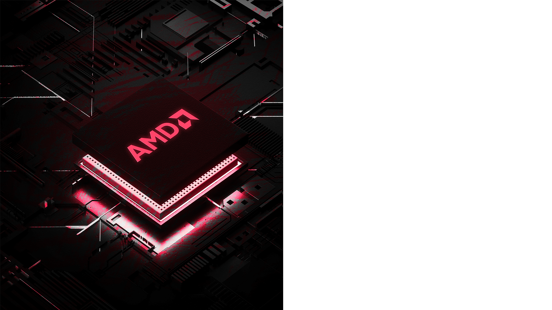 The AMD CPU lying on top of a stylized purple motherboard, with electrical current flowing to the processor