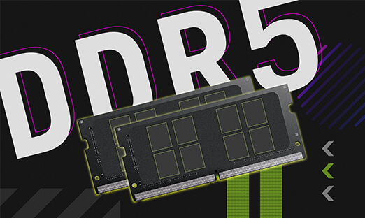 2D wireframe of DDR5 RAM modules, in front of a blurry purple background.