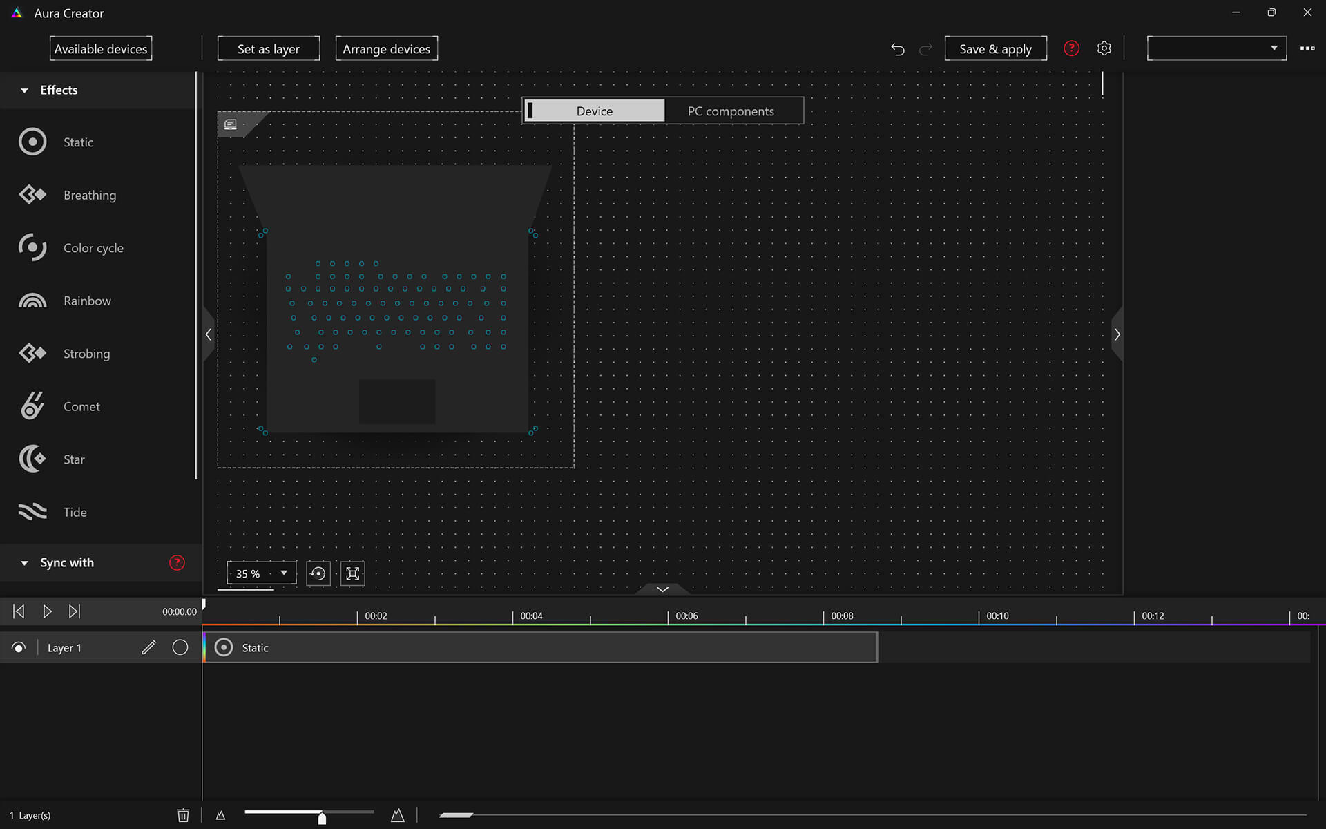 The user interface showing where users can adjust and sync all their ROG Aura Sync devices.