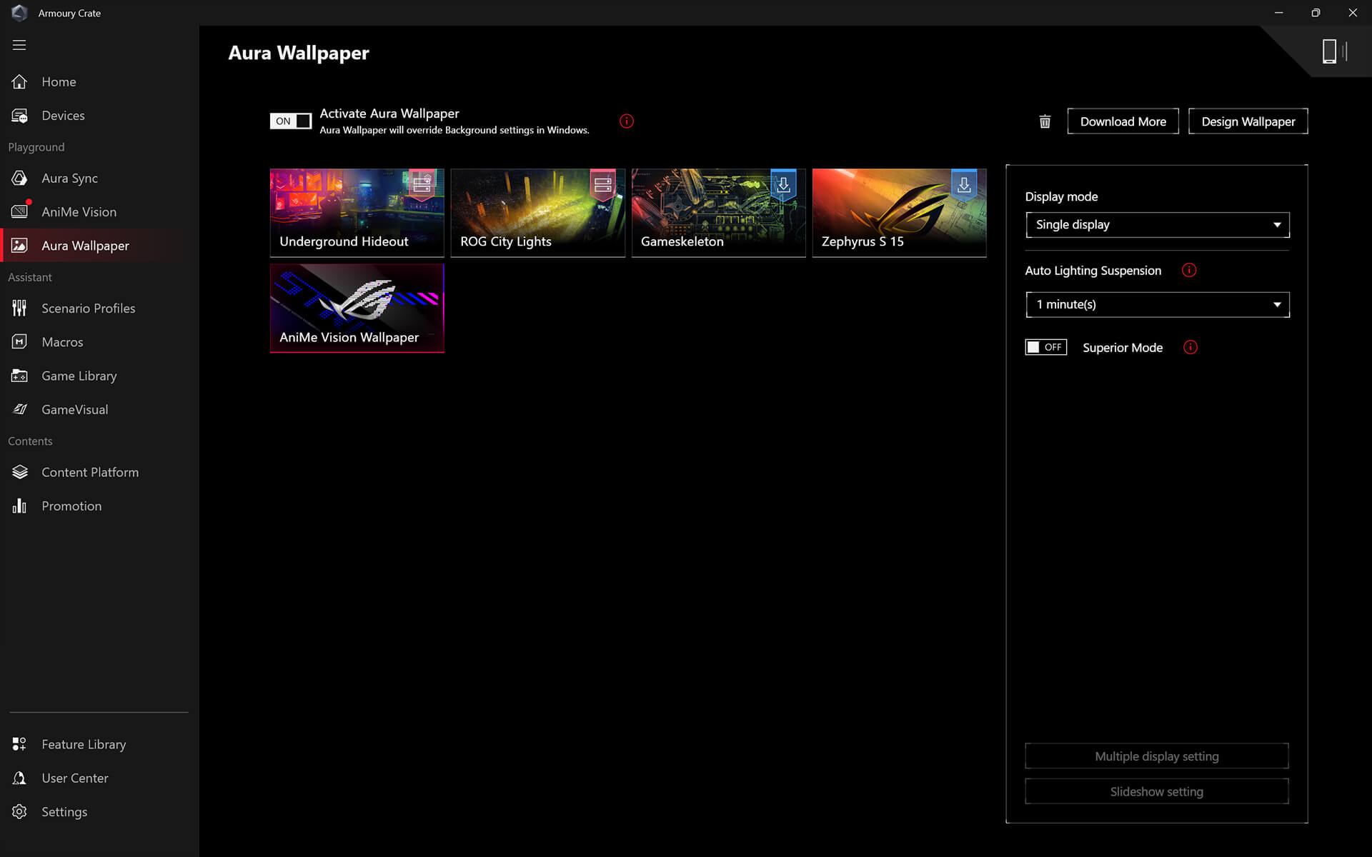 The user interface showing where users can download and apply Aura wallpapers.