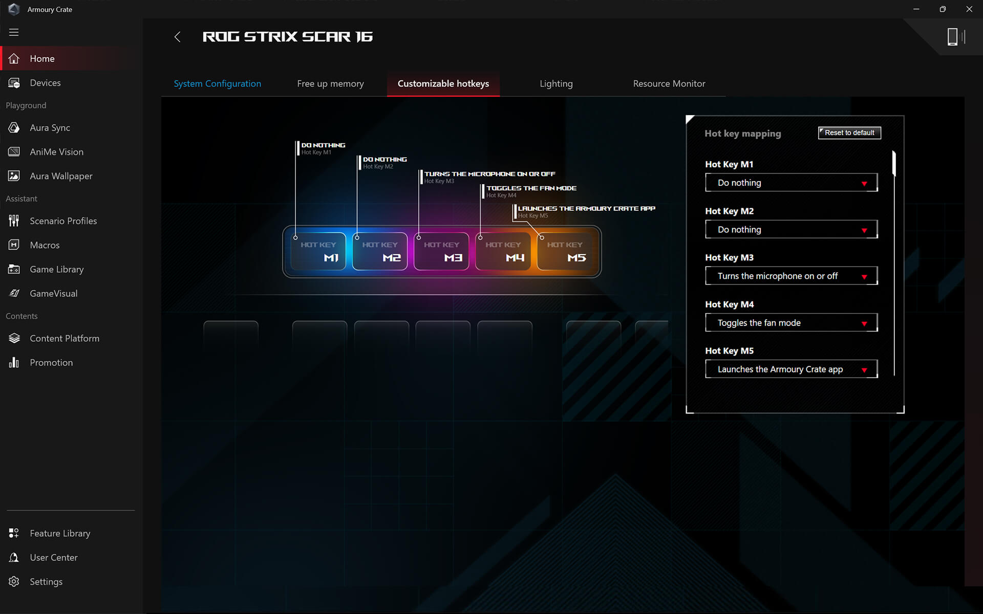 The user interface showing where users can customize the function of hotkeys.