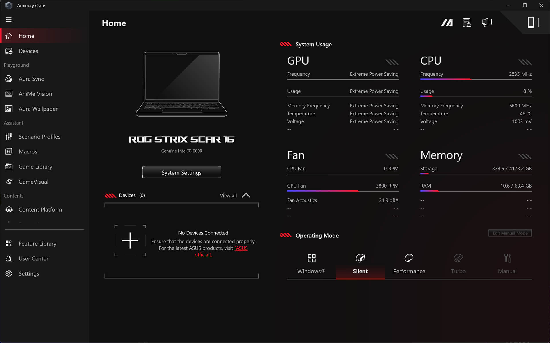 The user interface of Armoury Crate software, showing the system status overview.