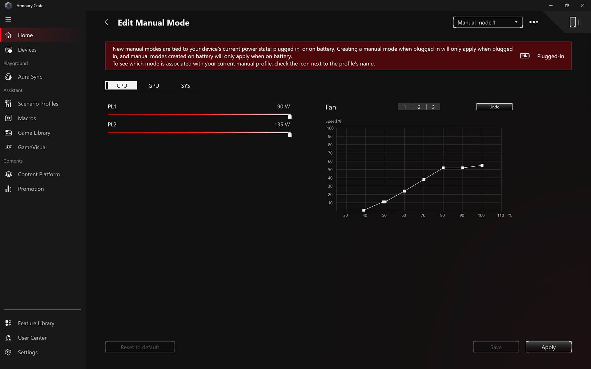 The interface showing where users can adjust the system manually.