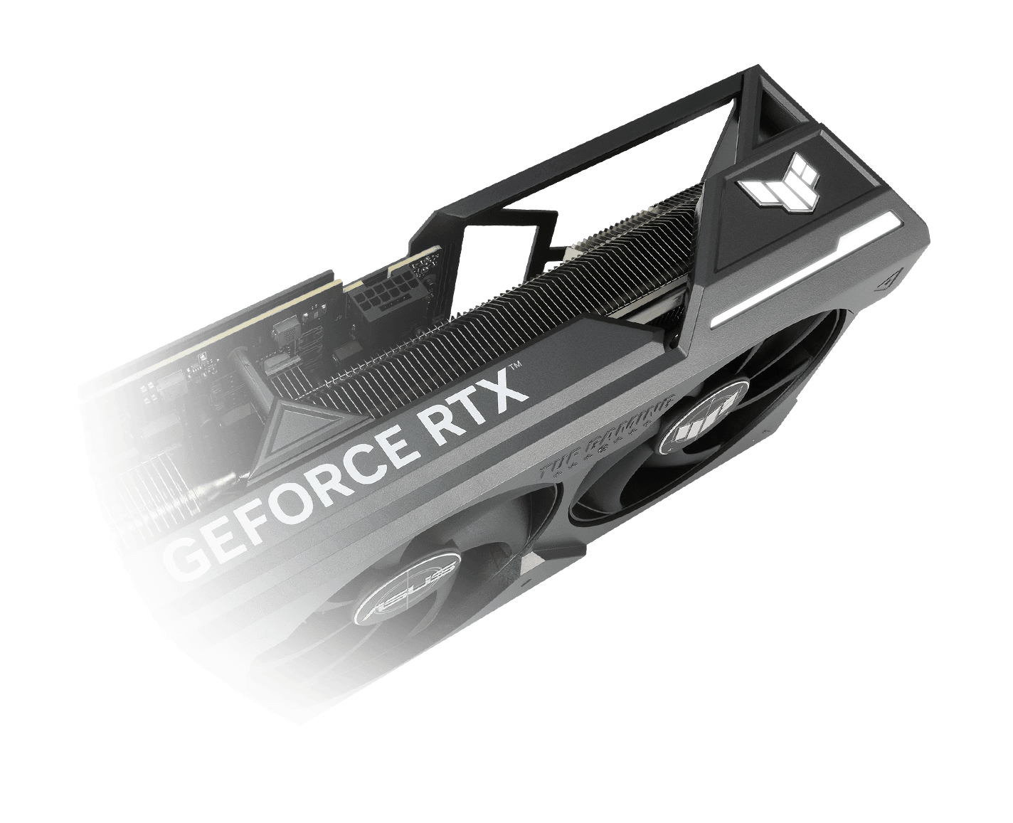 Angled view of the ASUS TUF Gaming GeForce RTX 4080 SUPER graphics card, highlighting the ARGB element