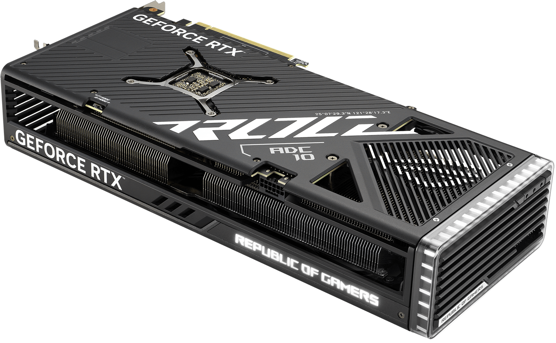 Pohled na grafickou kartu ROG Strix GeForce RTX 4070 Ti SUPER z úhlu zvýrazňující prvek ARGB