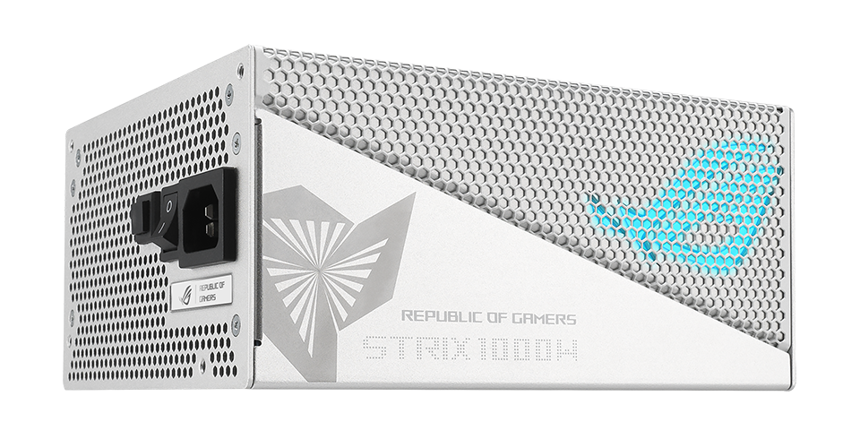 Side angle showing the aluminum case of ROG Strix 1000W Gold Aura White Edition