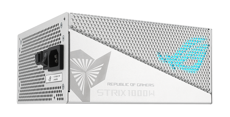 側面顯示 ROG Strix 1000W Aura金牌 潮競白的鋁製外殼