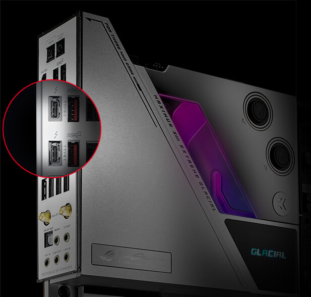 ROG Maximus XIII Extreme Glacial closeups highlighting USB 3.2 Gen 2 front-panel connectors