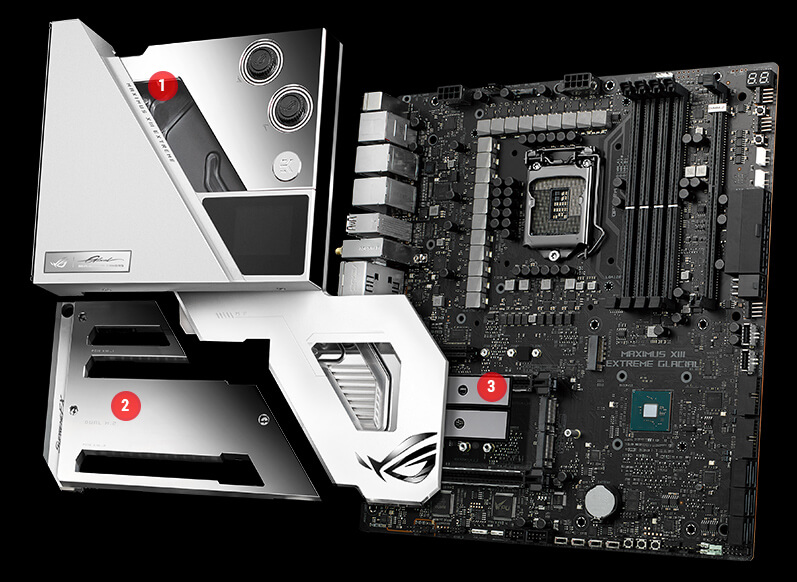Detailed view of ROG Maximus XIII Extreme Glacial cooling components