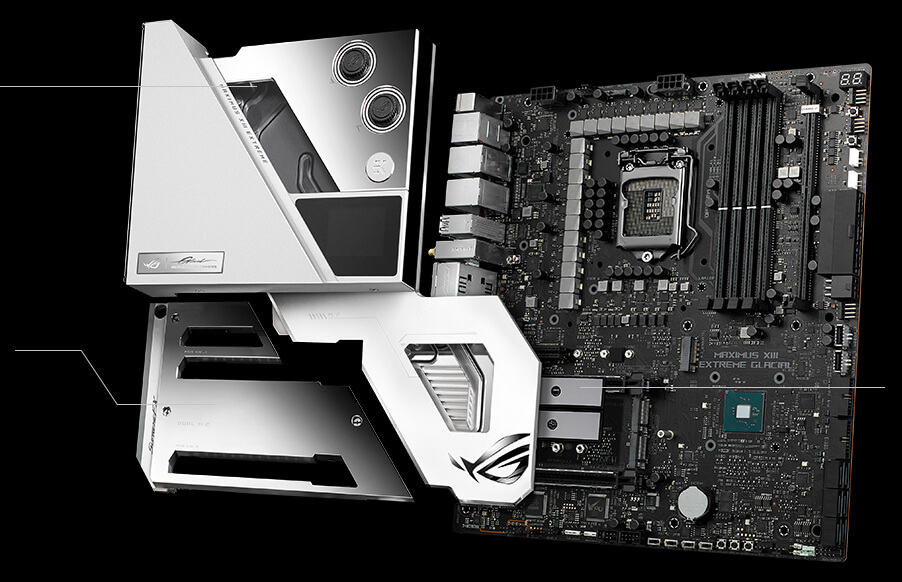 Detailed view of ROG Maximus XIII Extreme Glacial cooling components