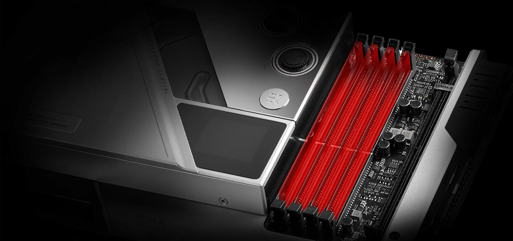 ROG Maximus XIII Extreme Glacial closeup with highlighted memory module slots