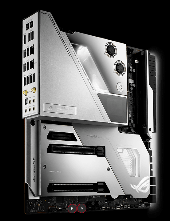 ROG Maximus XIII Extreme Glacial top view with Aura Sync lighting areas highlighted
