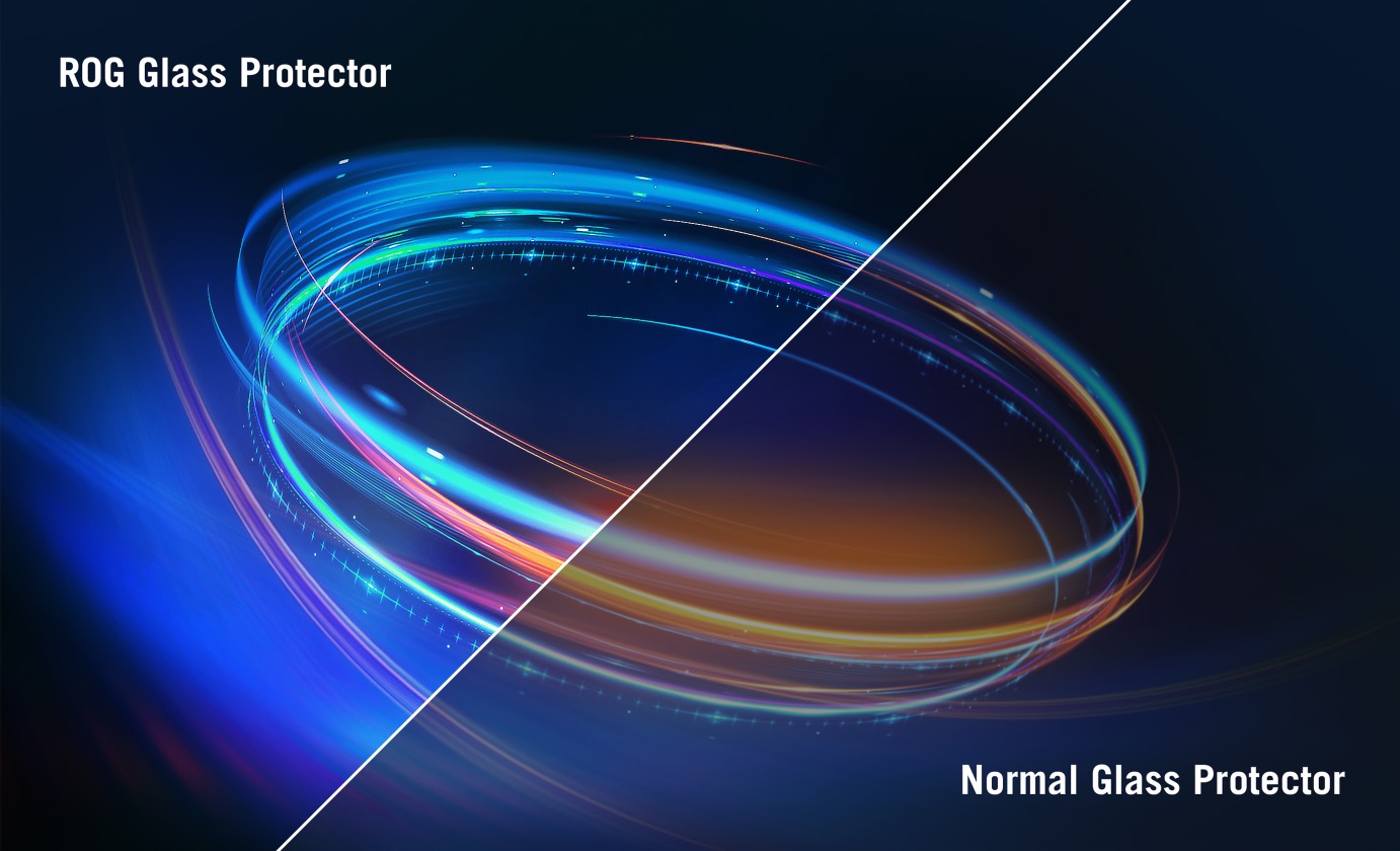 Una linea circolare luminosa al centro è divisa in due parti, una è la protezione in vetro ROG e l'altra è la normale protezione in vetro.