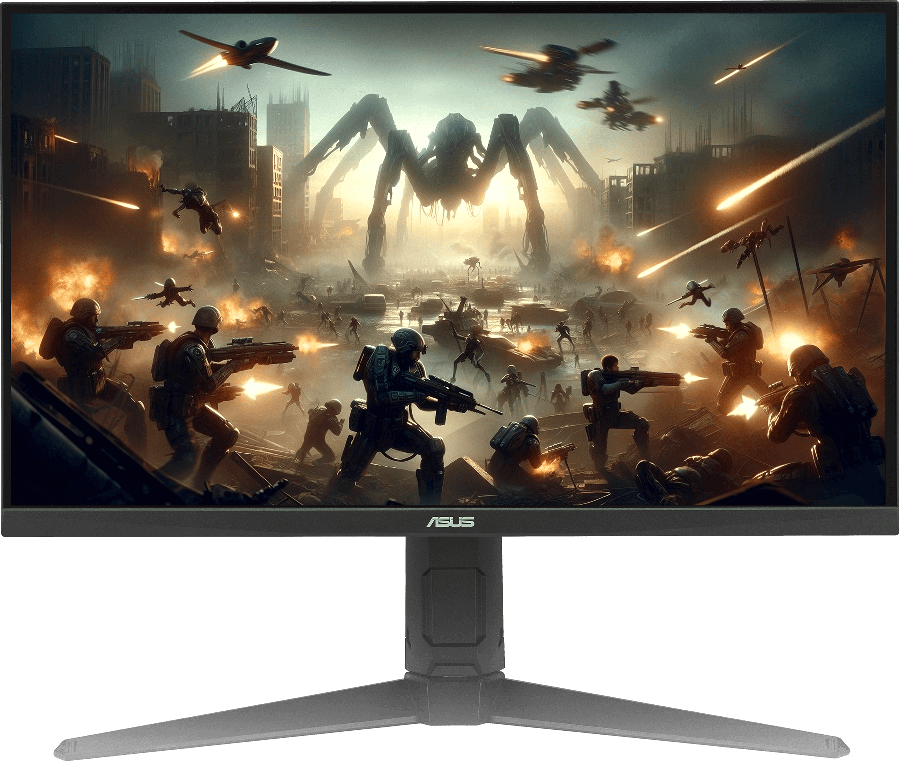 The VG27AQL5A monitor displaying vibrant, color-saturated gameplay footage of a combat scene
