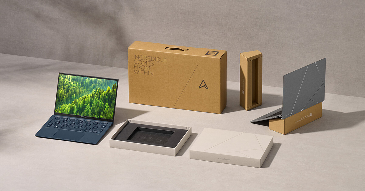 The components of Zenbook S 13 OLED are displayed neatly. From the left to the right you can see the laptop, AR forest image, outer box, laptop holder, laptop stand, and laptop case.