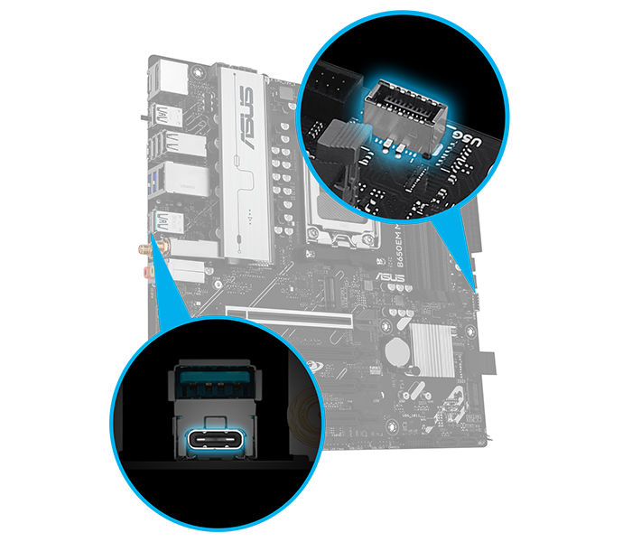 The B650EM MAX GAMING WIFI motherboard features Rear & Front USB Type-C®