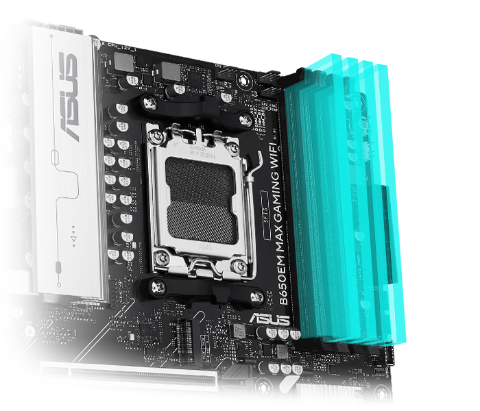 The B650EM MAX GAMING WIFI motherboard supports DDR5. 