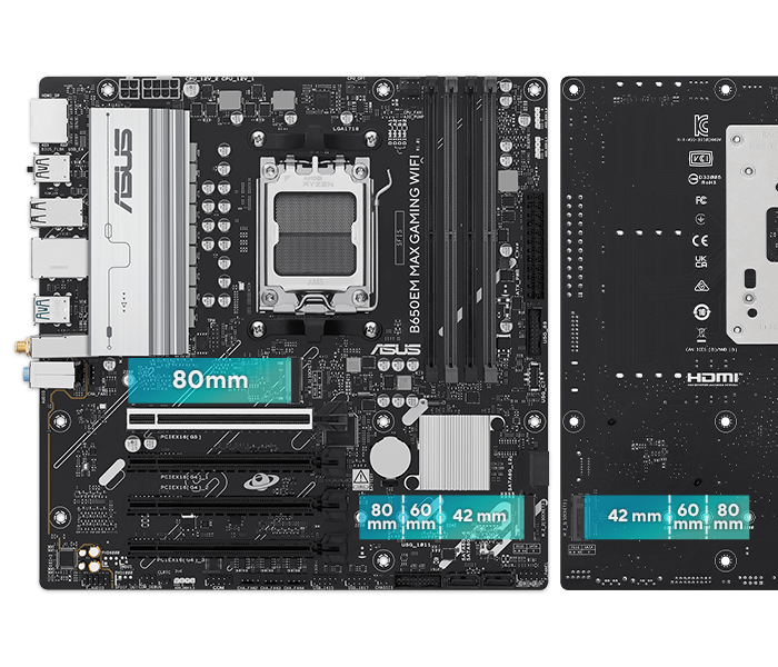 The B650EM MAX GAMING WIFI motherboard supports PCIe 5.0 M.2 Support.