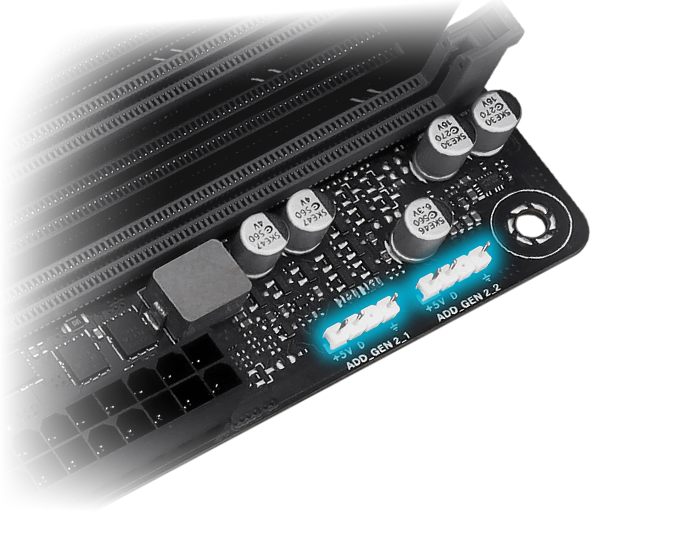 The B650EM MAX GAMING WIFI motherboard features addressable RGB Gen 2 headers. 