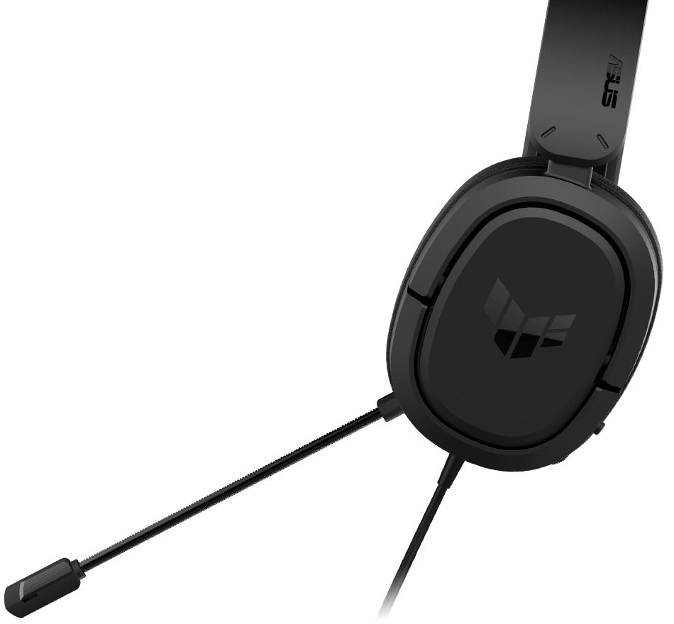 Sudut samping kiri headset TUF Gaming H1 menyoroti mikrofon dengan animasi serta Discord dan TeamSpeak.