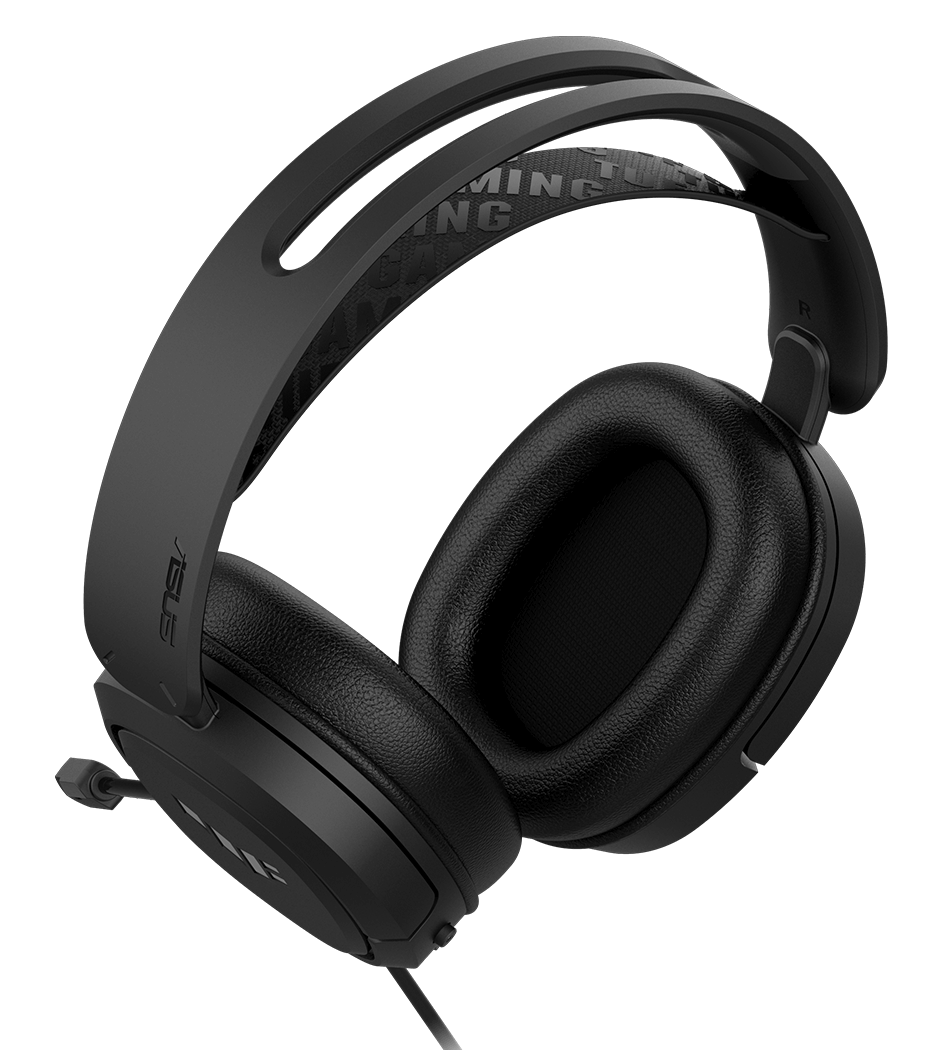 Headset TUF Gaming H1 mengambang di atas gelombang suara latar belakang skenario gameplay.