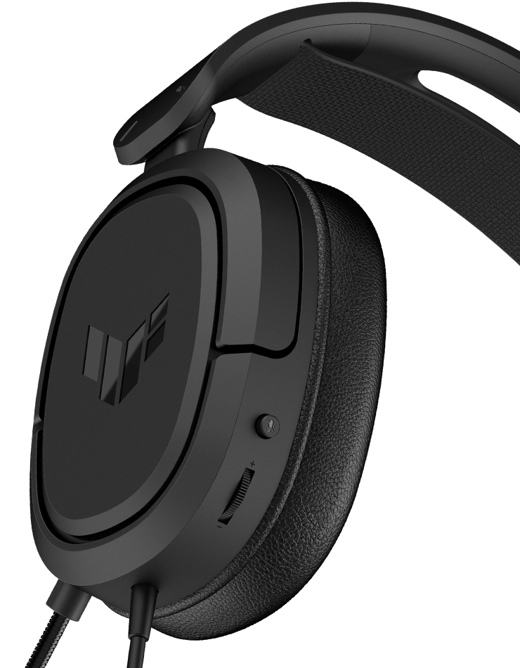 Le TUF Gaming H1 Wireless offre un contrôle instantané et démontre la position des boutons, le bouton du haut sert à allumer et éteindre le microphone et le deuxième correspond au contrôle du volume